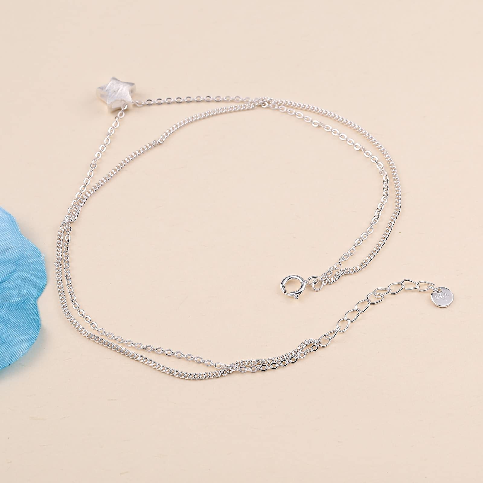 18 Karat Weißgold Fußkette Damen Fußkettchen 750, Echtschmuck Stern Zweireihig Funkeln Strand Süß Fußketten Damen 23+5cm Lang