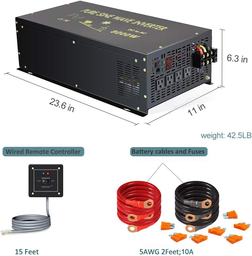 Blасk Frіdау - 80% оƒƒ Reliable 8000W Continuous Power Heavy Duty Pure Sine Wave Power Inverter DC 48V to AC 120V with 4 AC Outlets Remote Control 66A Hardwire Terminal and LED Display for RV Car Solar System Emergency