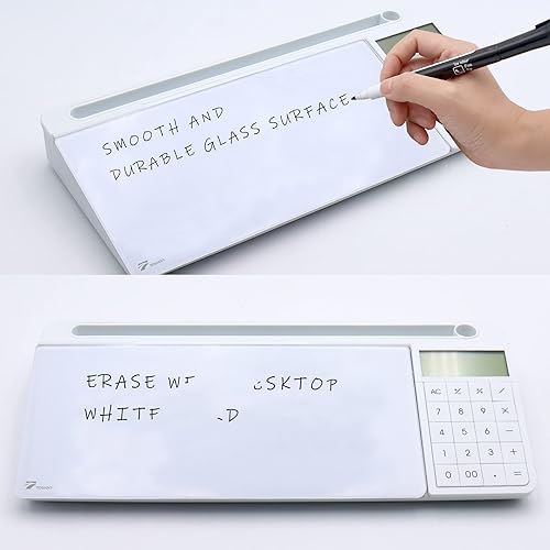 Miniatura 5 de TOWON Pizarra blanca de cristal de escritorio con calculadora básica, pantalla LCD de 12 dígitos, organizadores de escritorio con accesorios para