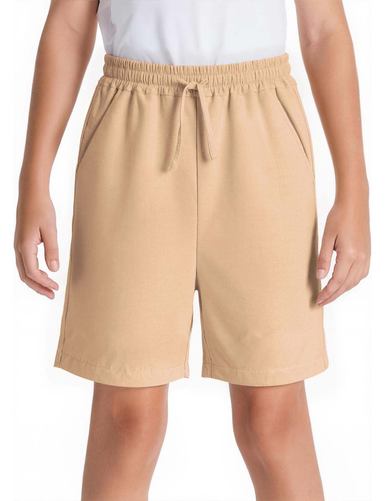 Spring&Gege Pantalones cortos de lino para niños, casuales, sin cierre, cintura elástica, cordón de ajuste, pantalones cortos de playa para verano