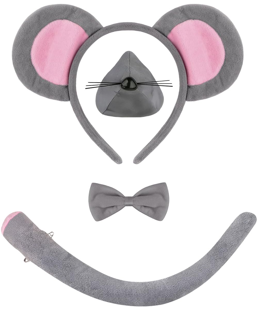 Kecartu 4 Pieces Cute Mouse Costume Set, Animal Fancy Dress Up Set, Mouse Ears Headband, Nose, Tail and Bow Tie, Rat Costume Accessories for Halloween, Christmas Cosplay Party for Adults