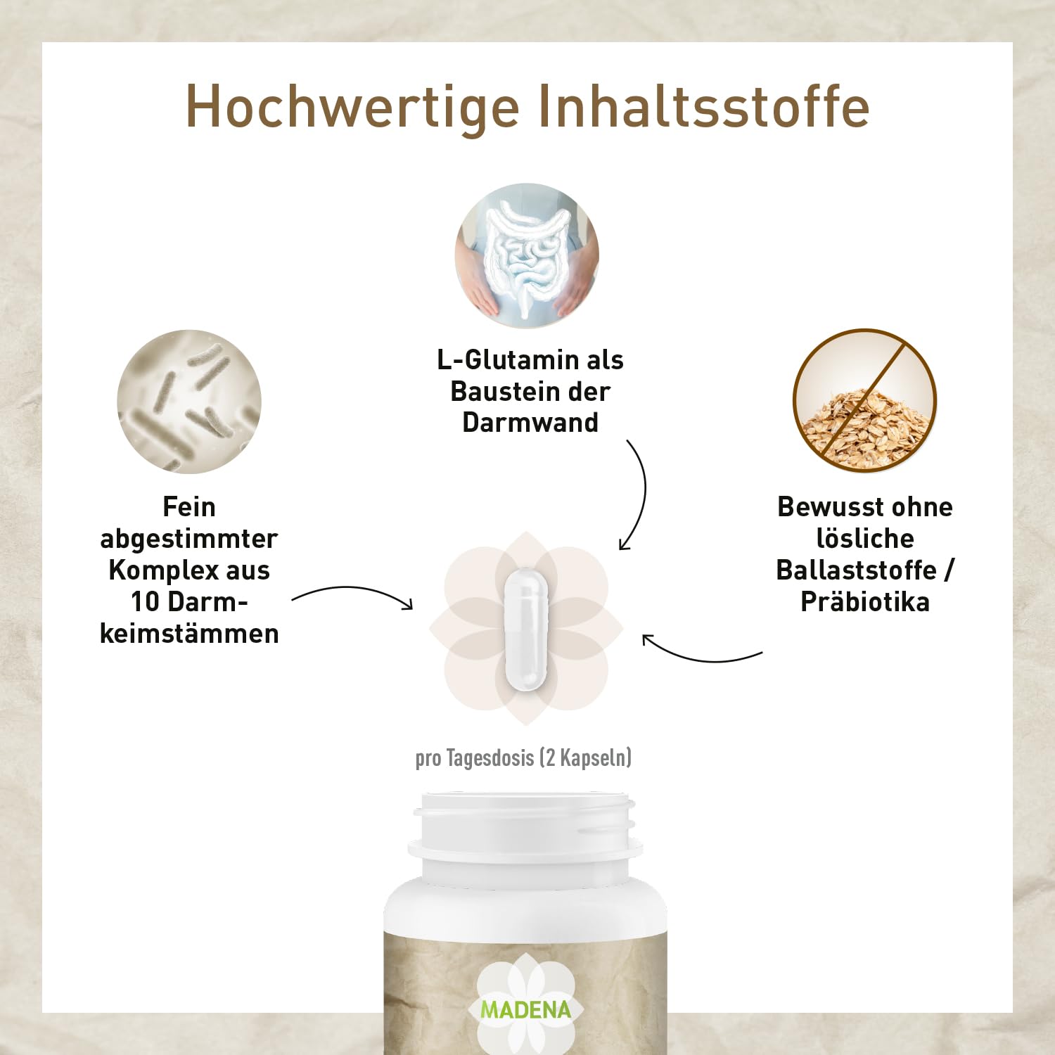 MADENA SiboEx Darmbakterien-Komplex ohne lösliche Ballaststoffe, 60 Kapseln mit 10 Bakterienstämmen (20 Mrd.) inkl. Bacillus coagulans, subtilis & clausii und L-Glutamin, vegan