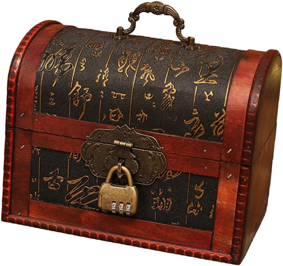 Portable Wood Distressed Treasure Chest Metal Password Storage Case Prop