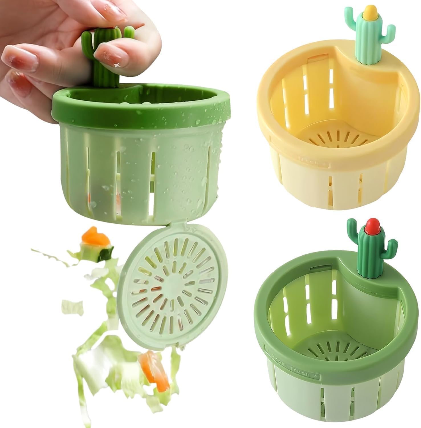 Cactus Sink Strainer Basket with Press Automatic Dumping, Plastic Cactus Kitchen Sink Drain Strainer Stopper, Cactus Sink Strainer with Net for Kitchen Drain & Dish Waste Filter