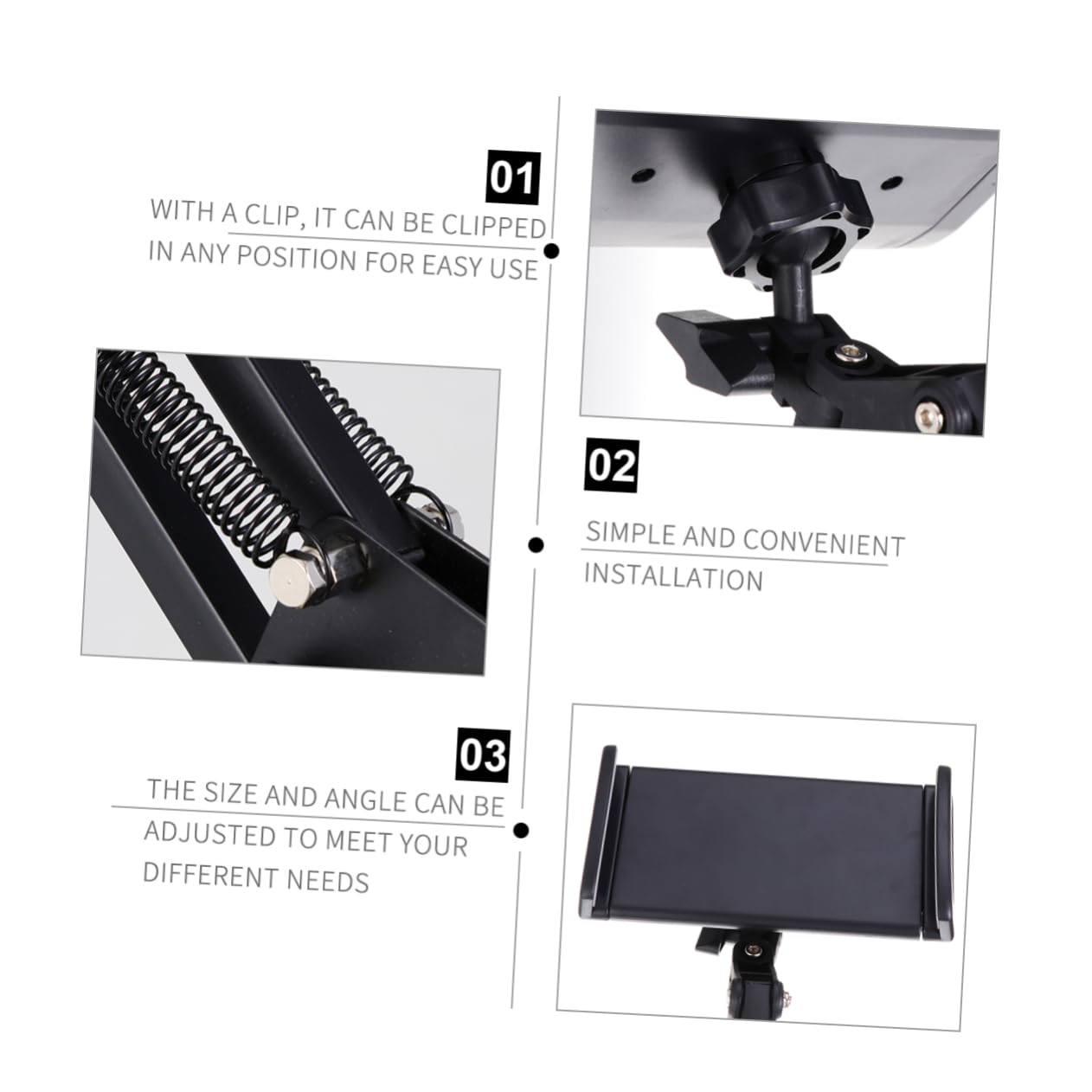 HEMOTON Supporto per Tablet e Telefono da Scrivania, Braccio Articolato Regolabile, 360° Girevole, Clip in Ferro e Plastica, Nero
