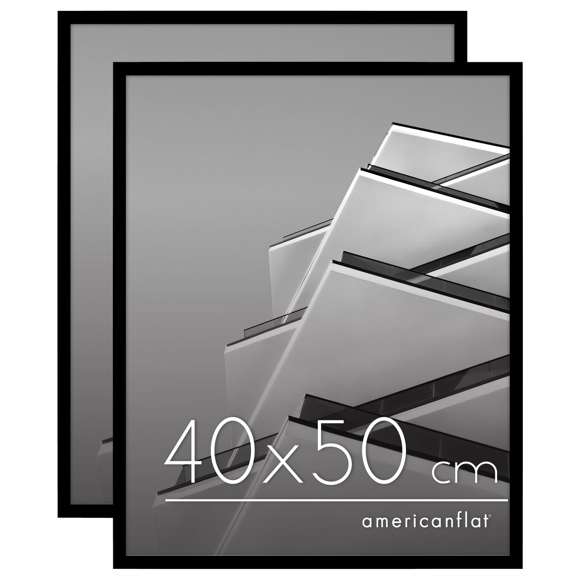 Americanflat Bilderrahmen 40x50 cm aus Kunststoff (2er Pack)- schmaler Bilderrahmen 50x40 cm mit Plexi-Scheibe - Fotorahmen mit integrierter Aufhängung für Hoch- und Querformat - Schwarz