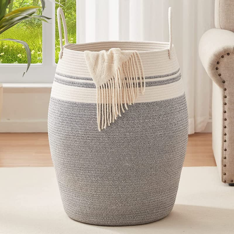 GRATIFY Extra Large Woven Laundry Hamper Basket with Heavy Duty Cotton Rope Handles for Clothes and Toys in Bedroom, Nursery Room, Bathroom, Collapsible, Mix Design 3 (MixGrey white)-image-48