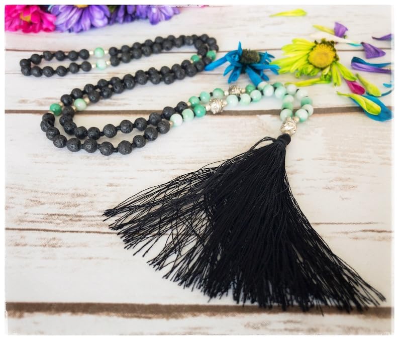 Cuentas Mala de piedra de jade verde lava, collar de 108 mala, nudo mala, collar WWG, joyería de yoga, cuentas de meditación, joyería espiritual, joyería bohemia, 34inch, Gema