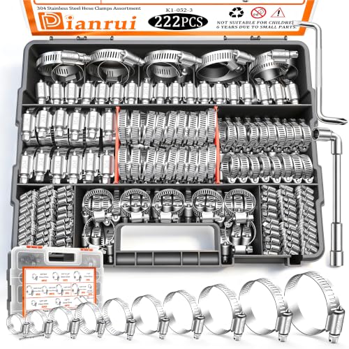 Image of Dianrui 222 PCS Hose Clamp Assortment 1 /4 inch-2-3 / /4 inch(6-70mm) 304 Stainless Steel Hose Clamp Kit, Worm Gear Hose Clamps Heavy Duty for Plumbing /Tube /Automotive /Marine with Screwdrivers-10 Size