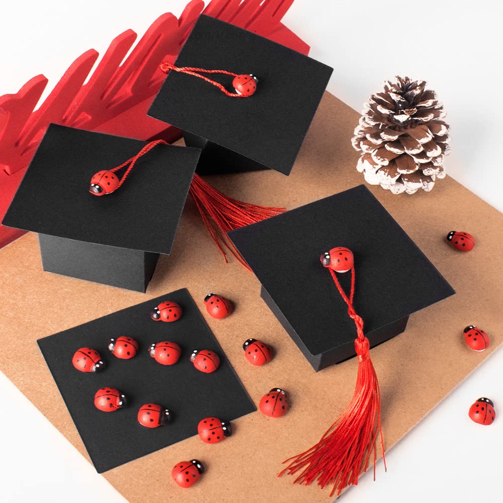 50 Pezzi Bomboniere Laurea Scatoline Confetti Laurea di Cappello in Kraft con 50 Ciondoli Coccinella 50 Nastri Rossi