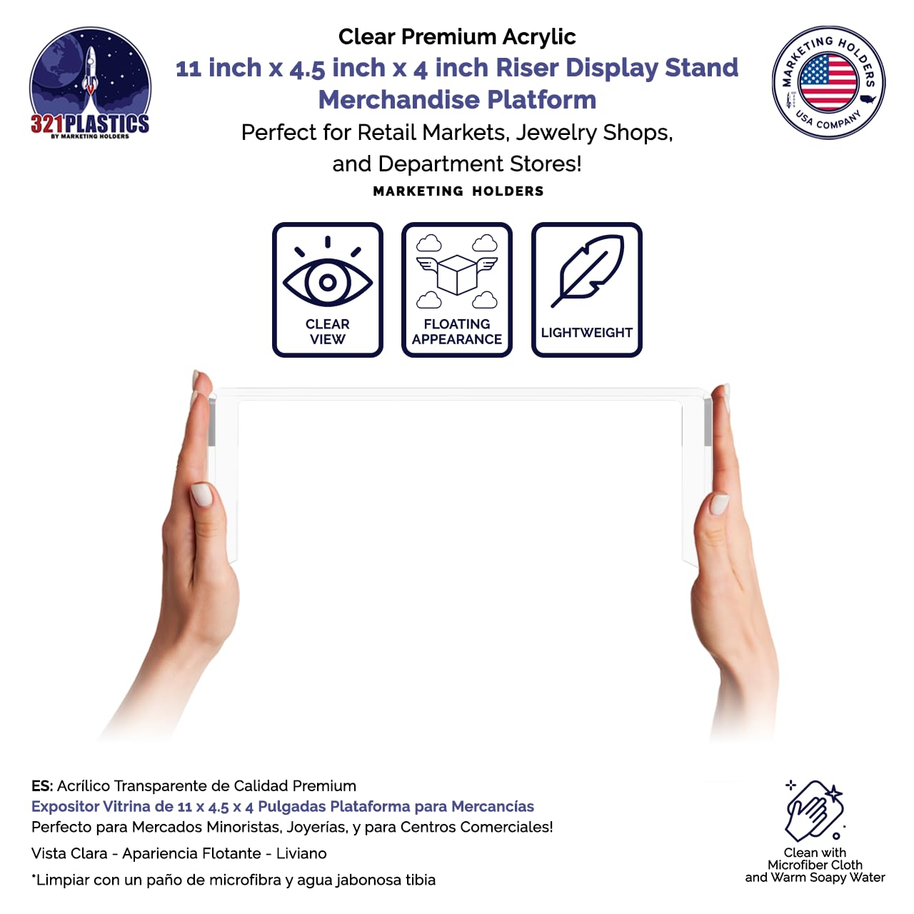 Marketing Holders 4 Pack Clear Acrylic Riser Display Stand 11 Inch Wide by 4.5 Inch Deep by 4 Inch High Elongated Retail Products Bench One Piece Merchandise Showcase Table Decor Platform