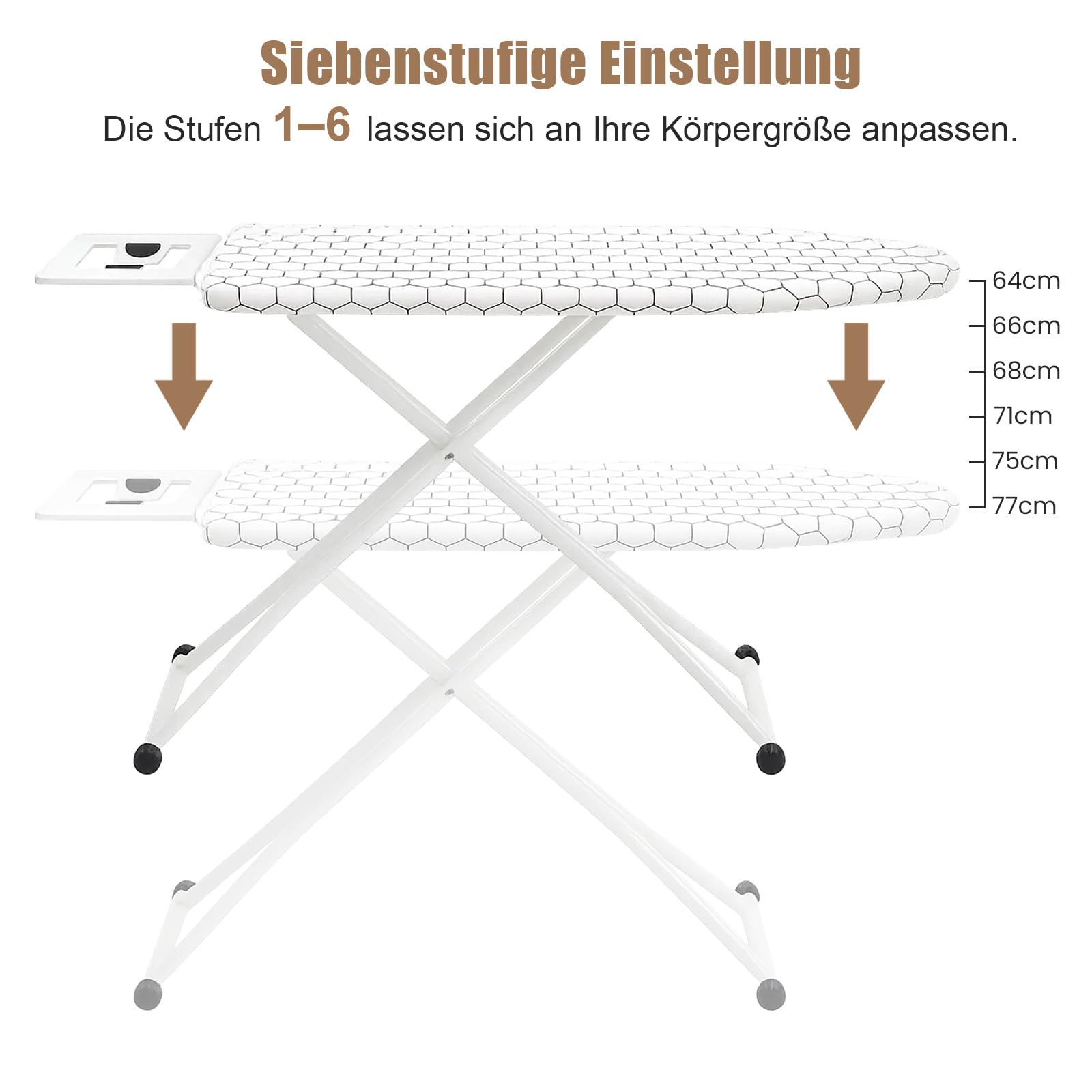 AllRight Bügelbrett 7-Fach höhenverstellbar Klappbares Dampfbügelbrett mit Metallgitter mit Antirutschfüßen Bügelbrett für Dampfbügelstation (Weißes Karomuster)