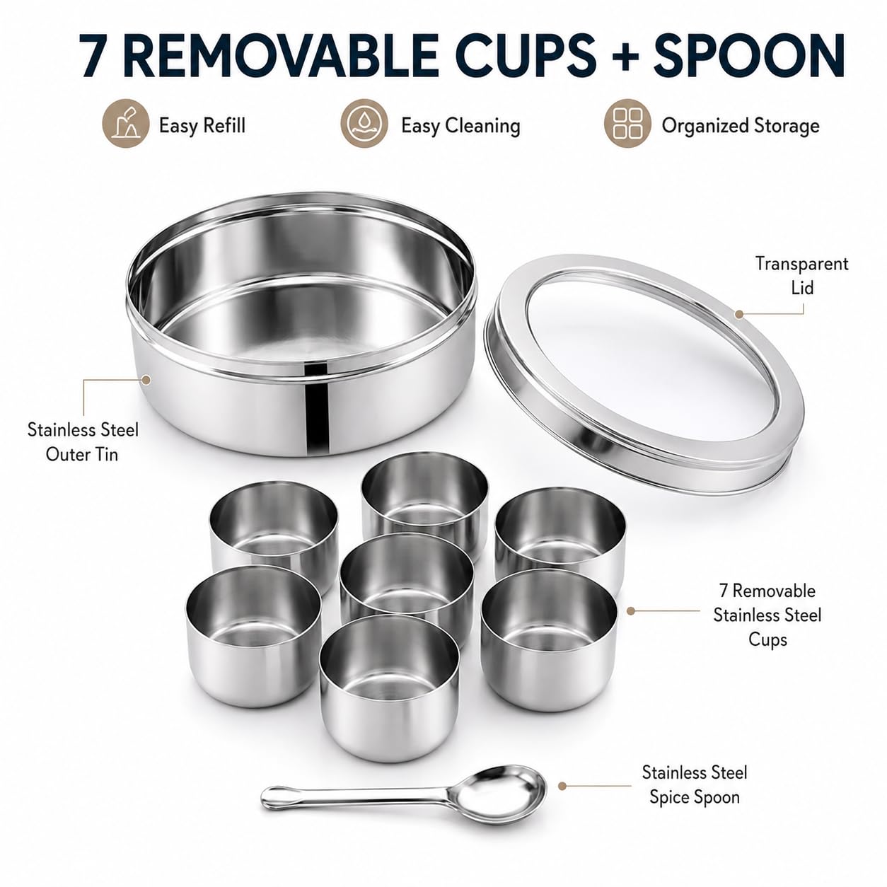 PNS Masala Dabba Boîte à épices avec 7 compartiments en acier inoxydable de qualité alimentaire avec cuillère de service (couvercle transparent, 16 cm)