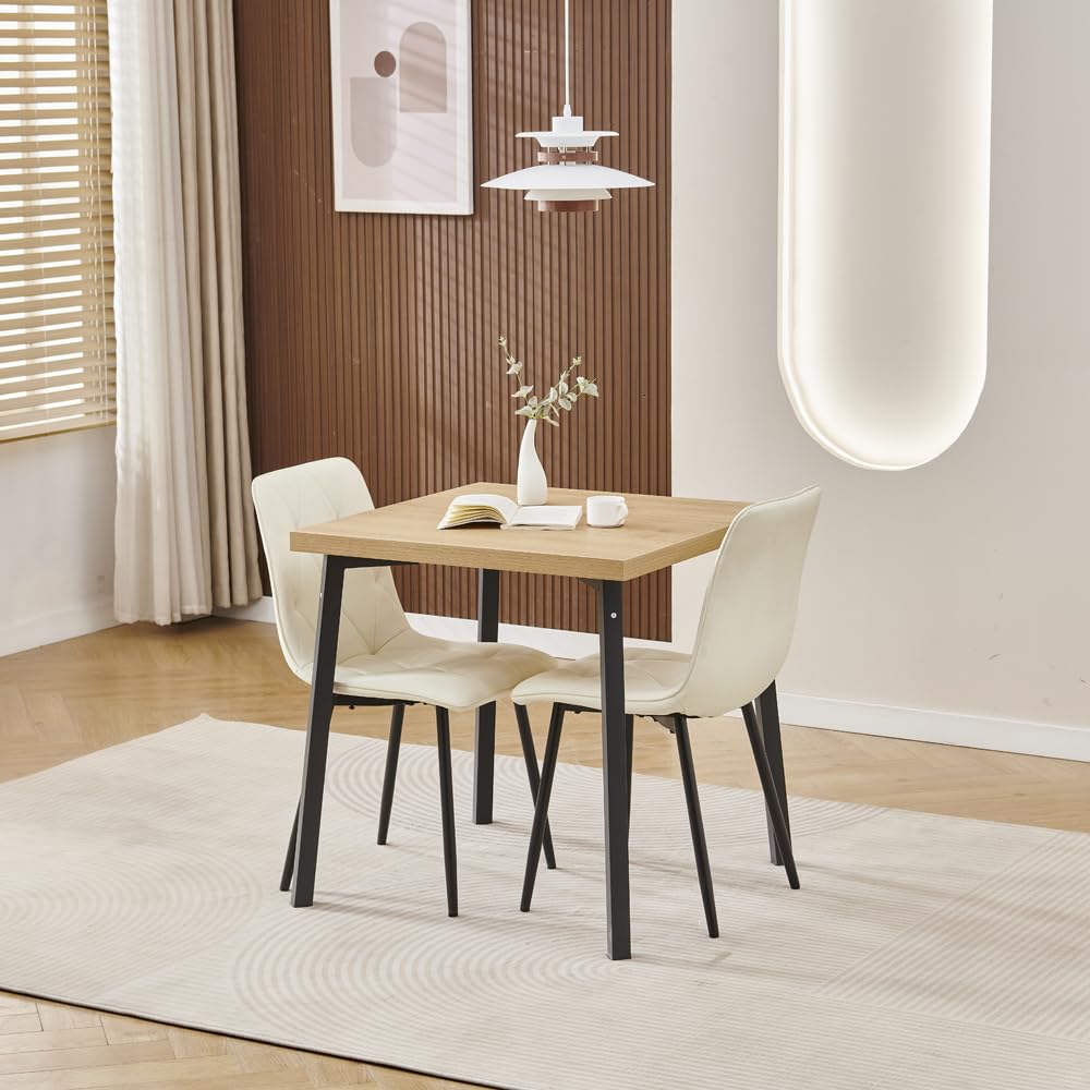 Redd Royal Small Square Dining Table and Chairs Set of 4, Modern 5 Pieces Compact Wood Kitchen Table Set for 4 People (oak table with 2 white leather chairs)