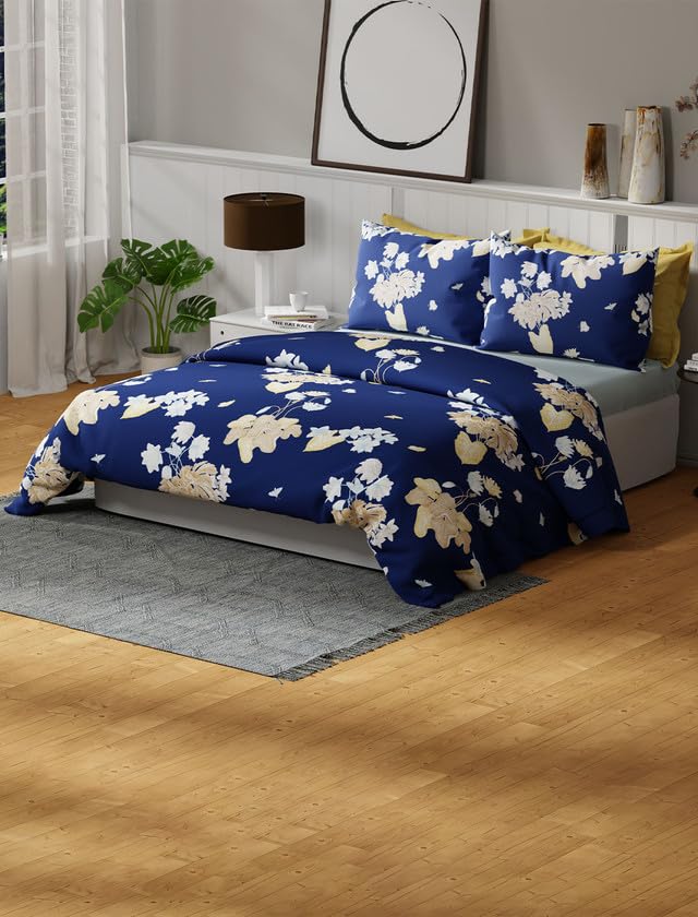 Image of United Colors of Benetton Rainbow Navy Blue Floral Pure Cotton Queen Bedsheet with 2 Pillow Covers | 144 TC | Skin-Friendly, Soft & Breathable Bed Linen | 108 x 90 Inches