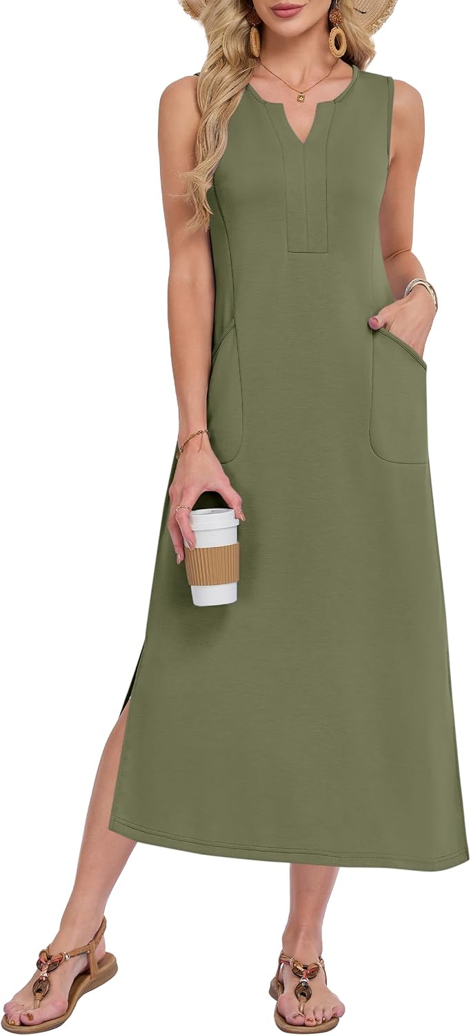 WNEEDU Women V Neck Wrinkle-Free Loose Side Slit Dress with Pockets