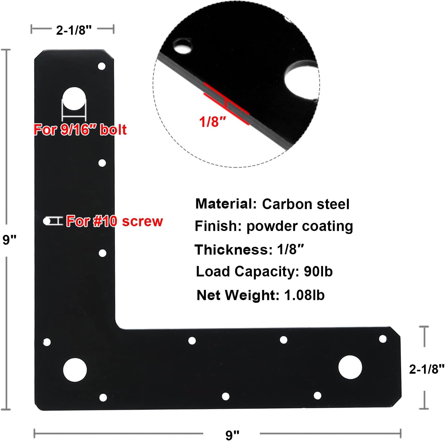 heneng 4 Pcs Flat Corner Brace,9" x 9" x 2-1/8" L Shaped Mending Plate,for Furniture, Shelves, Woodworking, 1/8" Thick