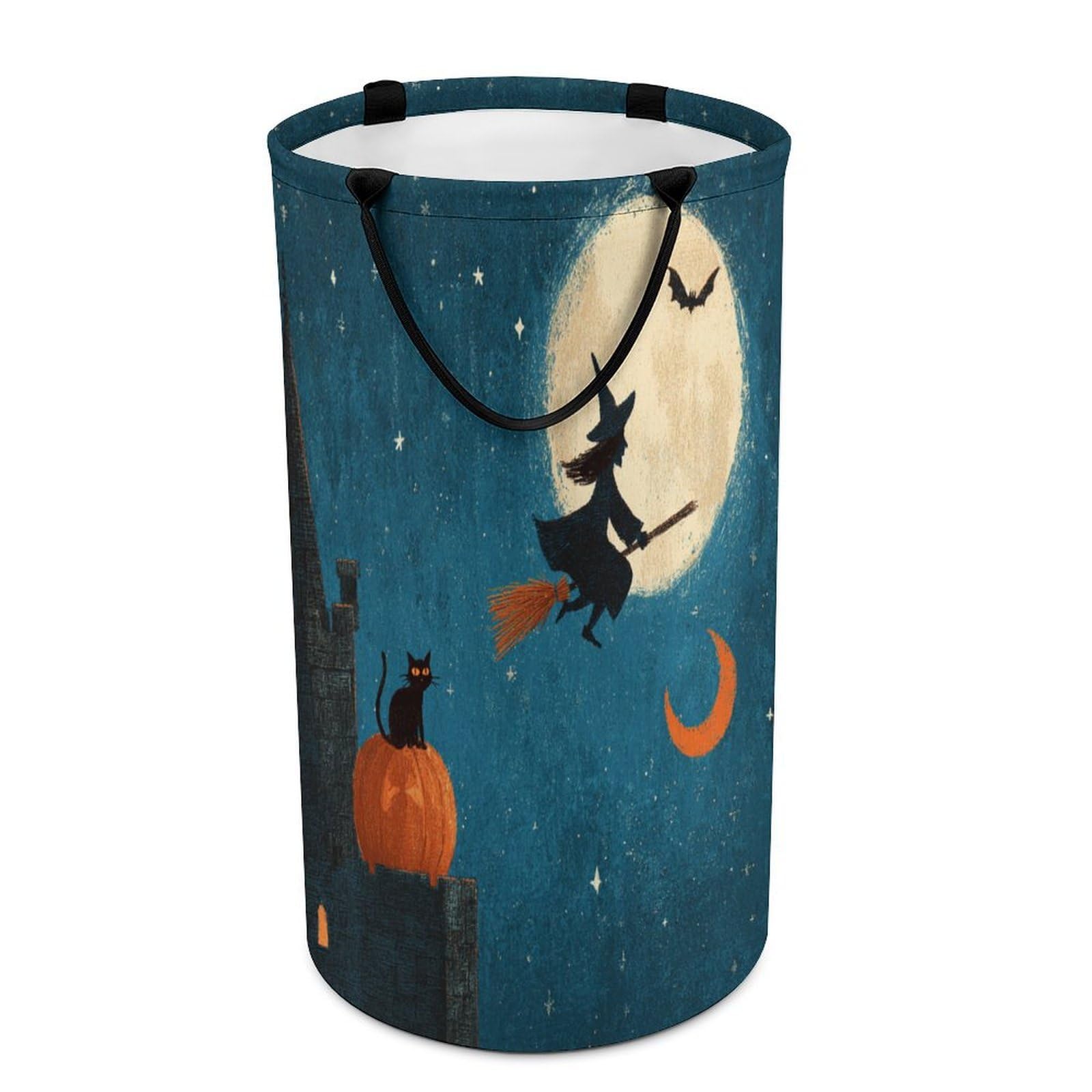 LUYYSKY Funny Vintage Witch Silhouette Versatile Storage Laundry Basket, Mid Century Full Moon Halloween Castle Animal Black Cat Large Capacity Bathroom Hamper With Handle