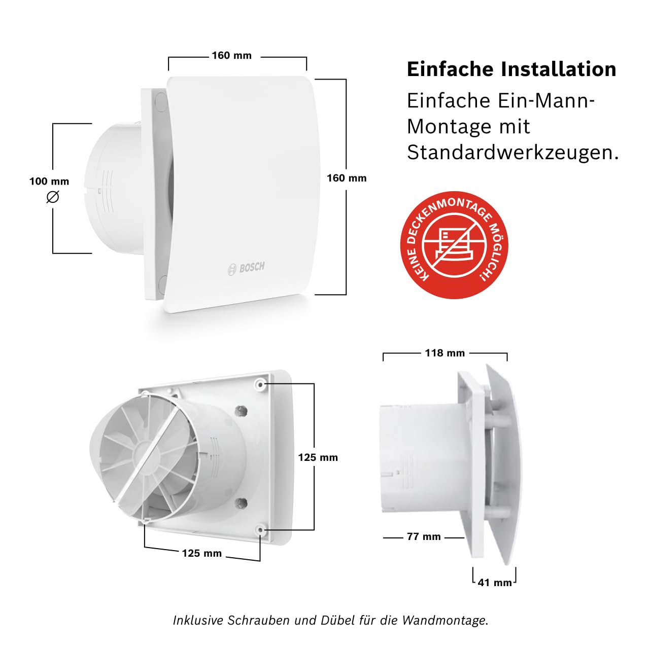 Bosch Badlüfter 1500 100mm - Für Belüftung im Badezimmer und WC, Gegen Feuchtigkeit und Schimmel - Mit Lichtschalter-Aktivierung - 100mm Durchmesser