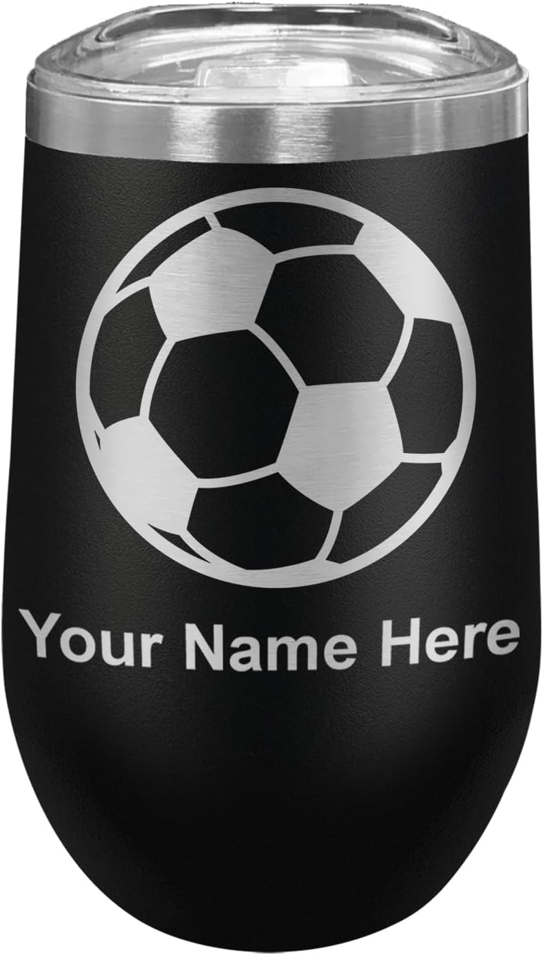 LaserGram 16oz Double Wall Stainless Steel Wine Glass Tumbler, Soccer Ball, Personalized Engraving Included (Black)
