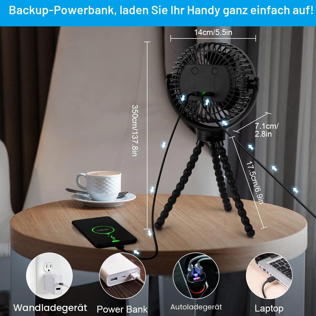 ELZO 12000mAh USB Ventilator Leise Max 60H Arbeitszeit, Handventilator mit 3 Geschwindigkeiten 360° Drehung, Tragbarer Clip Ventilator Tischventilator mit flexiblem Stativ