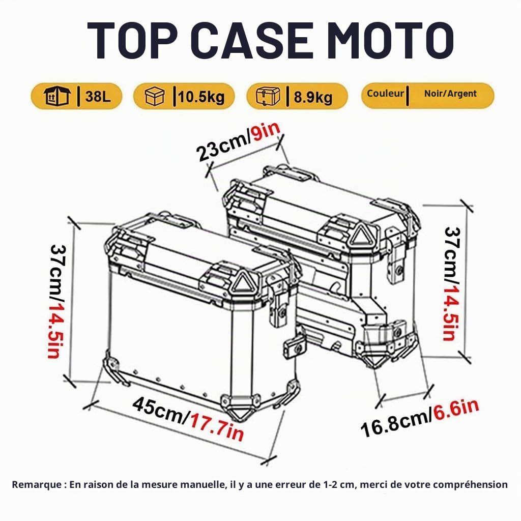 Valise latérale Universelle de Moto 38L, Sacoche de Moto pour Moto de Tourisme, Sacs de Selle rigides en Aluminium, boîte arrière, Coffre Universel,B,Silver
