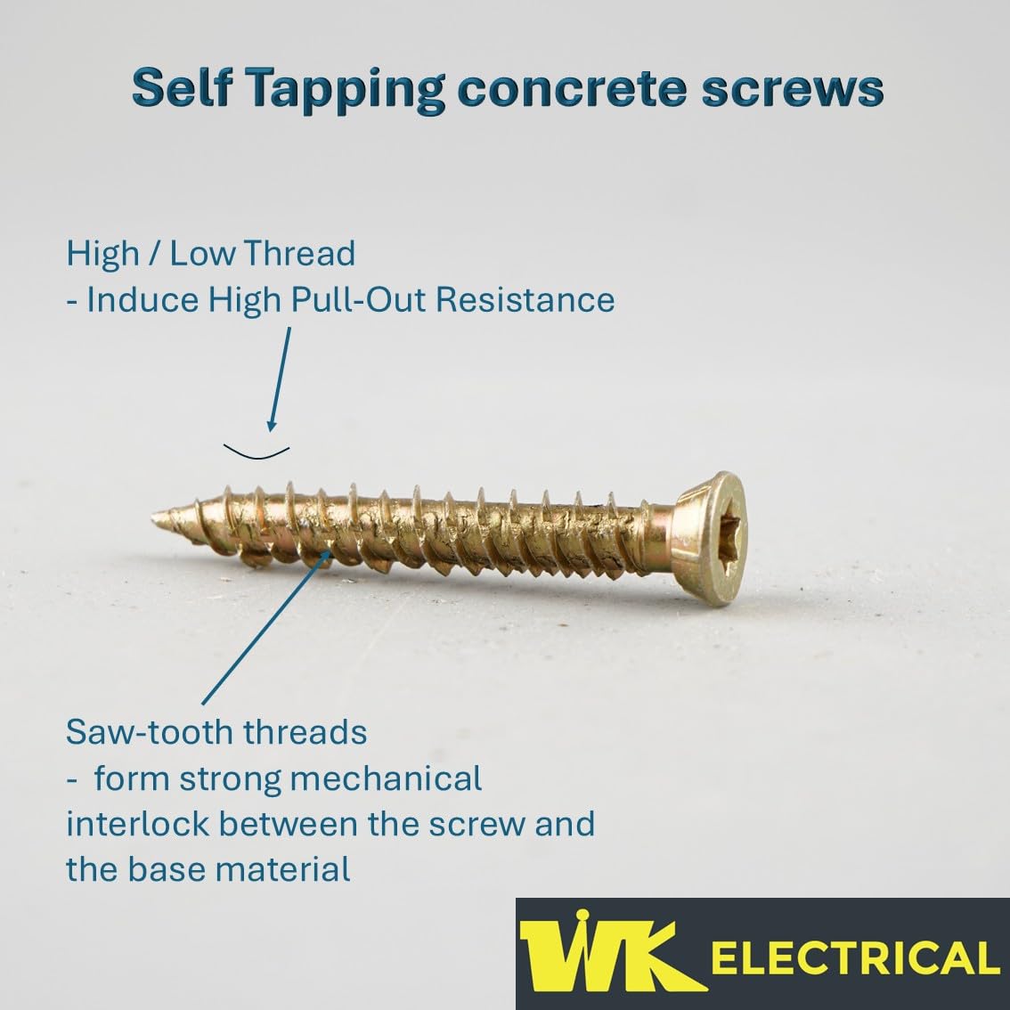 WK Electrical, Concrete Screws with Torx Bits, Zinc-Plated Countersunk Masonry Screws for Brick & Concrete - Image 4