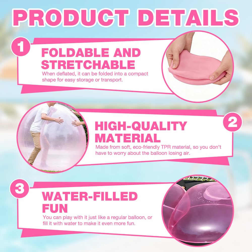 Bubble Ball XXL, HOVCEH 120cm Pelota Wubble Bubble Ball, TPR Transparente Reusable Pelota Hinchable Gigante para Playa, Jardín (Rosa)