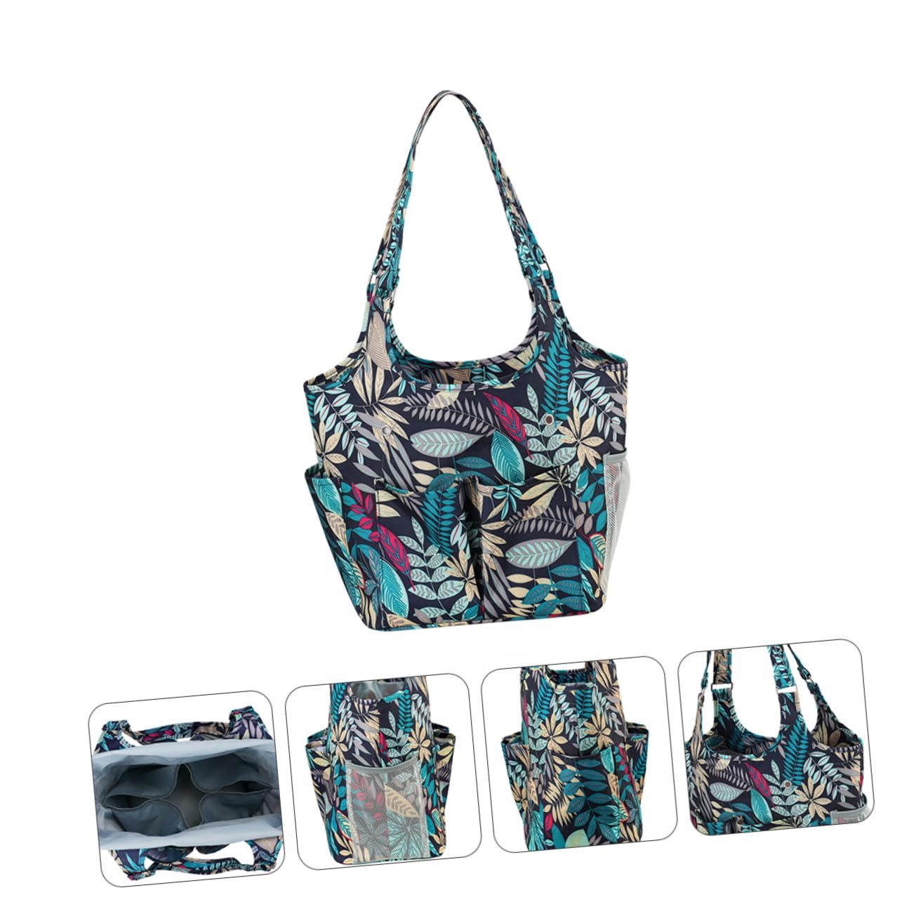 Bolsa de Almacenamiento Portátil para Tejer en Tela Oxford 600d Diseño de Hojas, Multi-bolsillos y Correa Reforzada para Crochet y Tejido