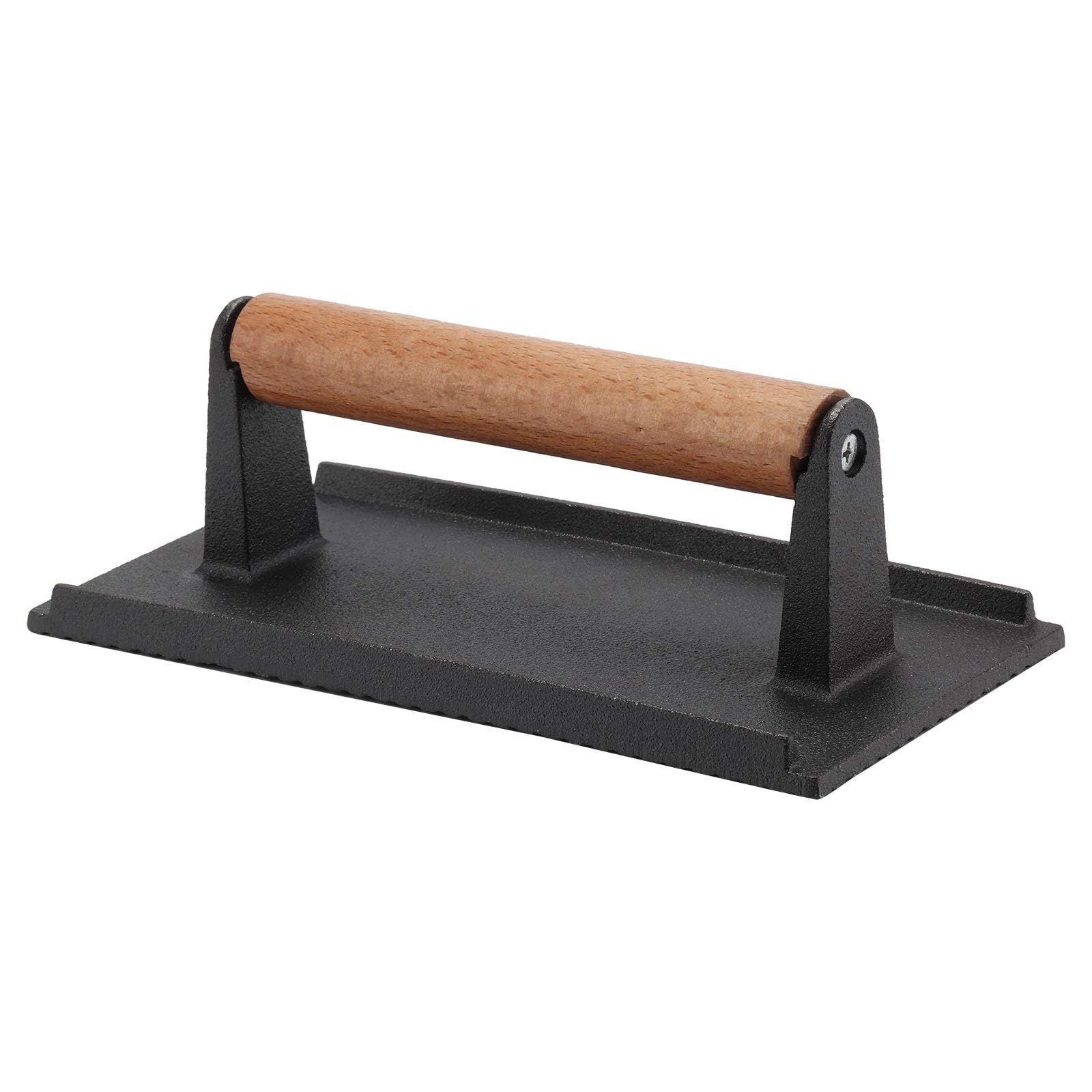 CROWNSHOP Steak Press Cast Iron Grill Burger Press Rectangle Steak Meat Bacon Press with Wooden Handle for Burger Grilled Sandwich Quesadilla Steak（ 20 x 10 cm ）