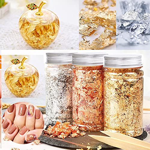 Genuine Gold Foil Flakes With Tweezer 3 Bottles 30 Grams Metallic Foil Flakes For Resin Nail Art Crafts Gilding Foil Leaf For Diy Painting Art Decoration Slime And Jewelry Making Clay Cutter #TOP2