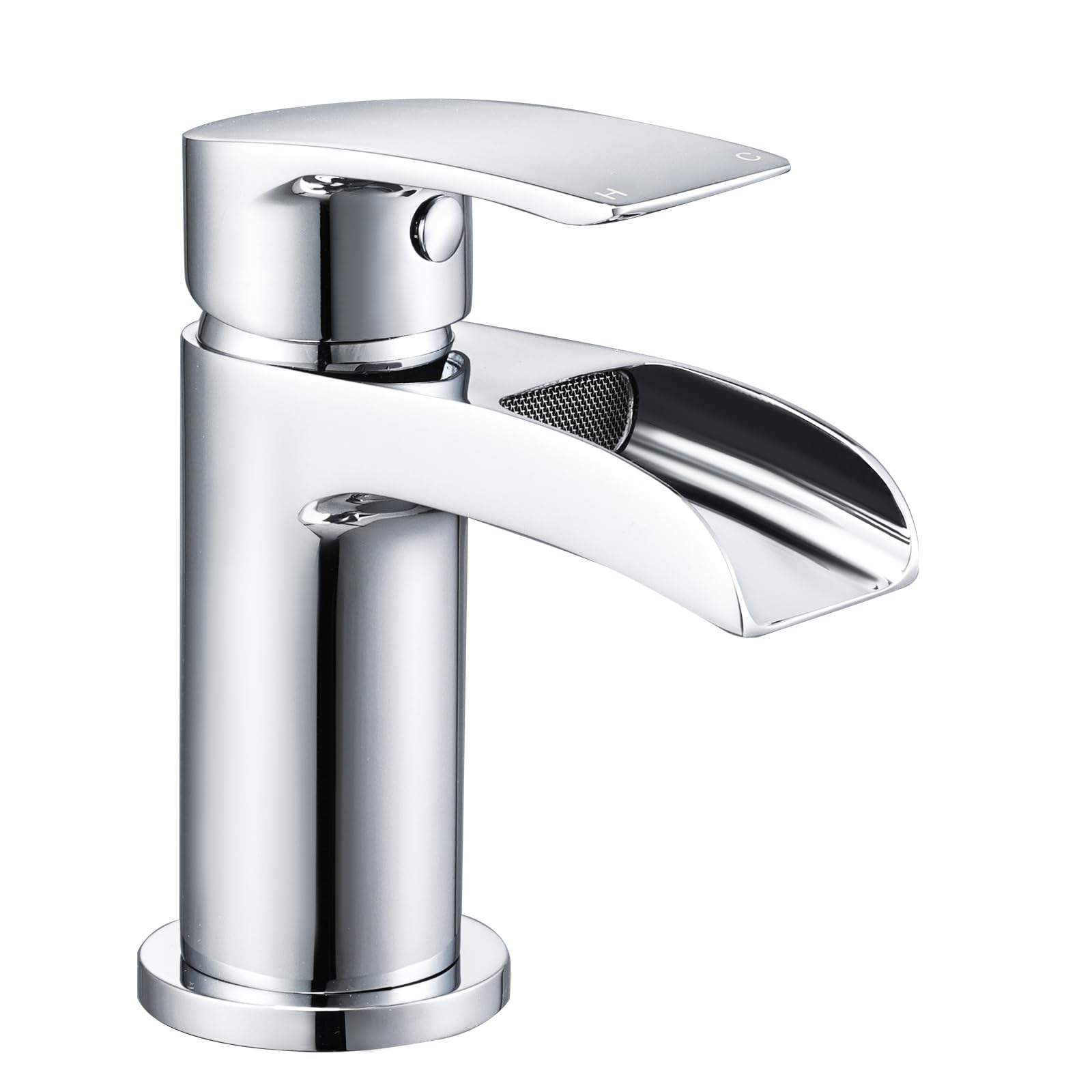 Peppermint Bathroom Sink Taps Mixers with Waterfall Spout, Modern Small Monobloc Basin Mixer Tap Single Lever Basin Taps for Cloakroom, Brass, Chrome