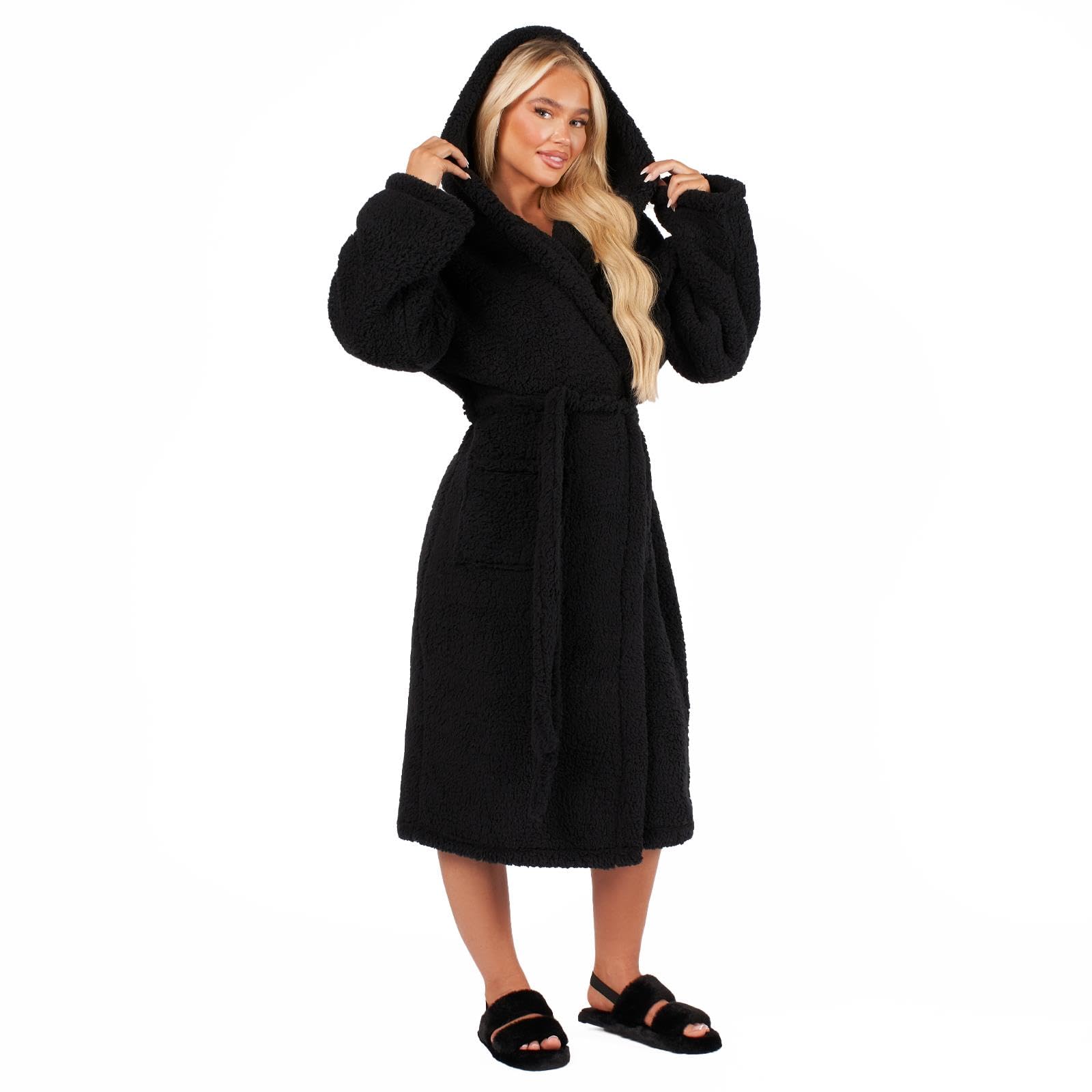 Ohs Women's Black Dressing Gowns Teddy Fleece Warm Cosy Fluffy Dressing Gown Bathrobes Hooded Luxury Oversized Mens Dressing Gown, One Size