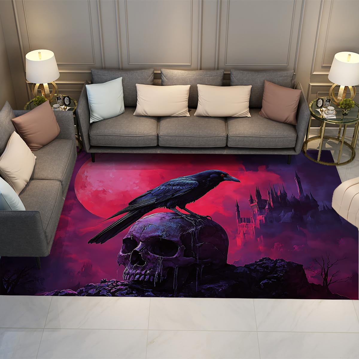 Dywaniki o wymiarach 140 x 180 cm, gotycki kruk i czaszka, można prać