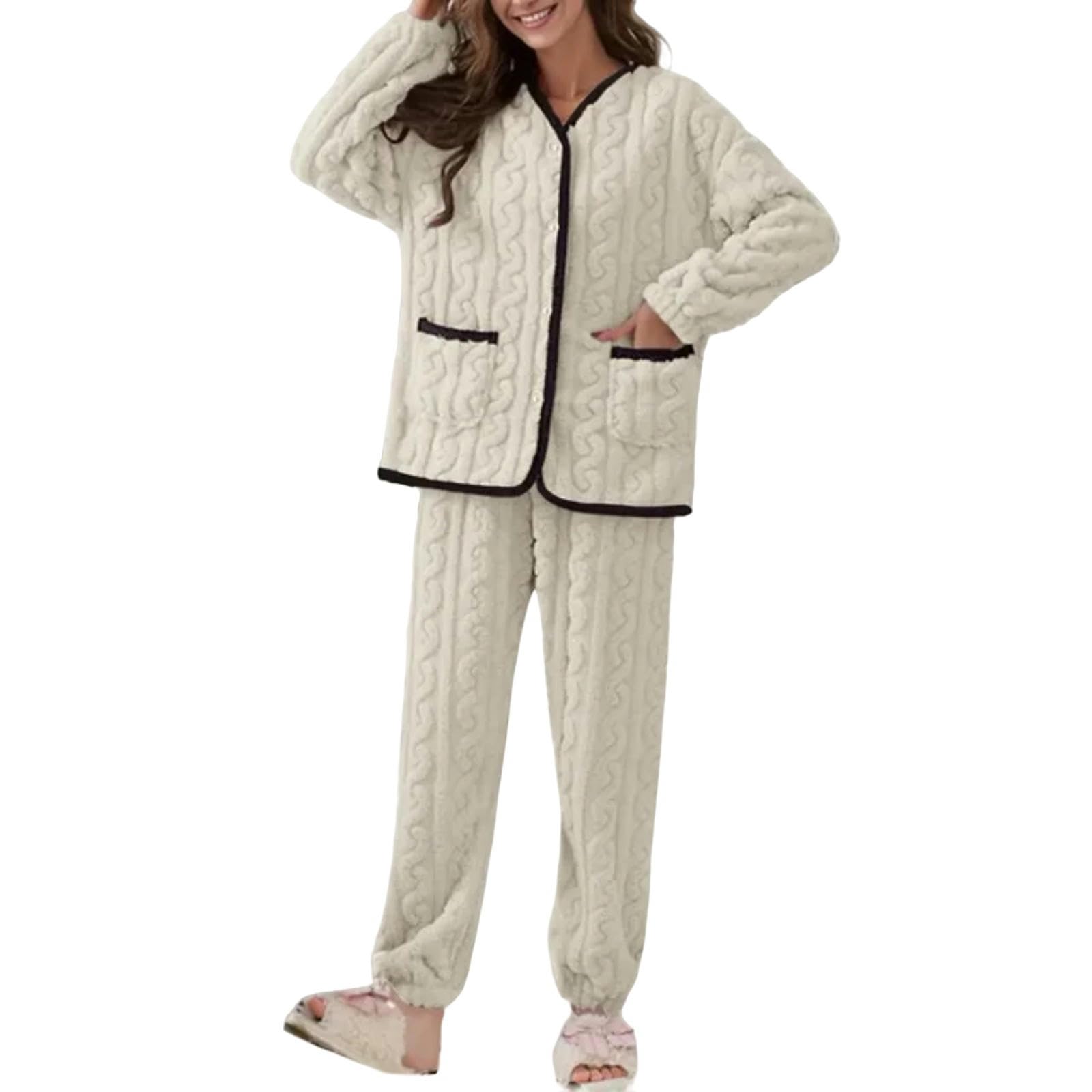 MdybF Pijamas de Mujer de Algodon Bolsillo De Pijama 2 Ropa Casual Pijama Largo Pijama Esponjoso Traje De Calentamiento Manga Cálida Traje De Invierno Femenino Otoño