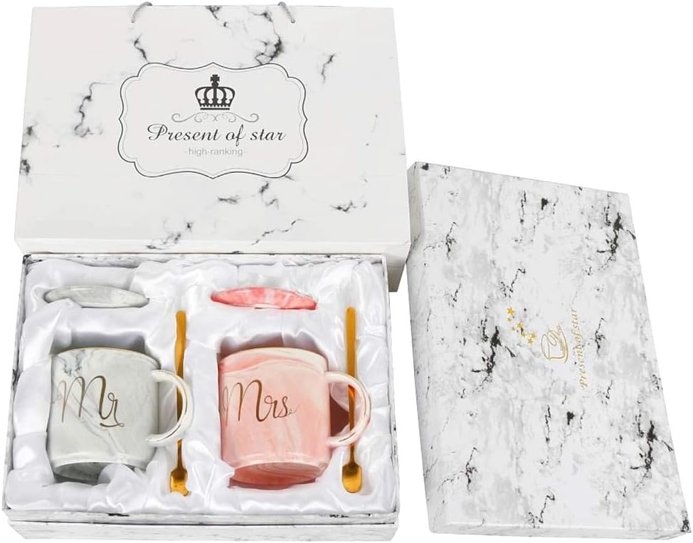 Mr and Mrs Couples Mugs Ceramic Coffee Mug Set with Gift Box- Unique Elegant Wedding Gift for Bride and Groom/Bridal Shower Engagement Wedding and Married Anniversary - Marble Design 11.5oz