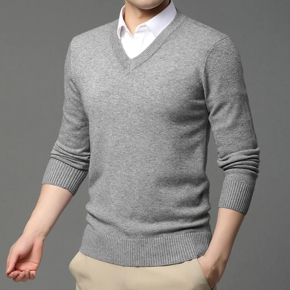 Men's Solid Color Casual Loose V-Neck Simple Slim Elastic Long-Sleeved Pullover Sweater2