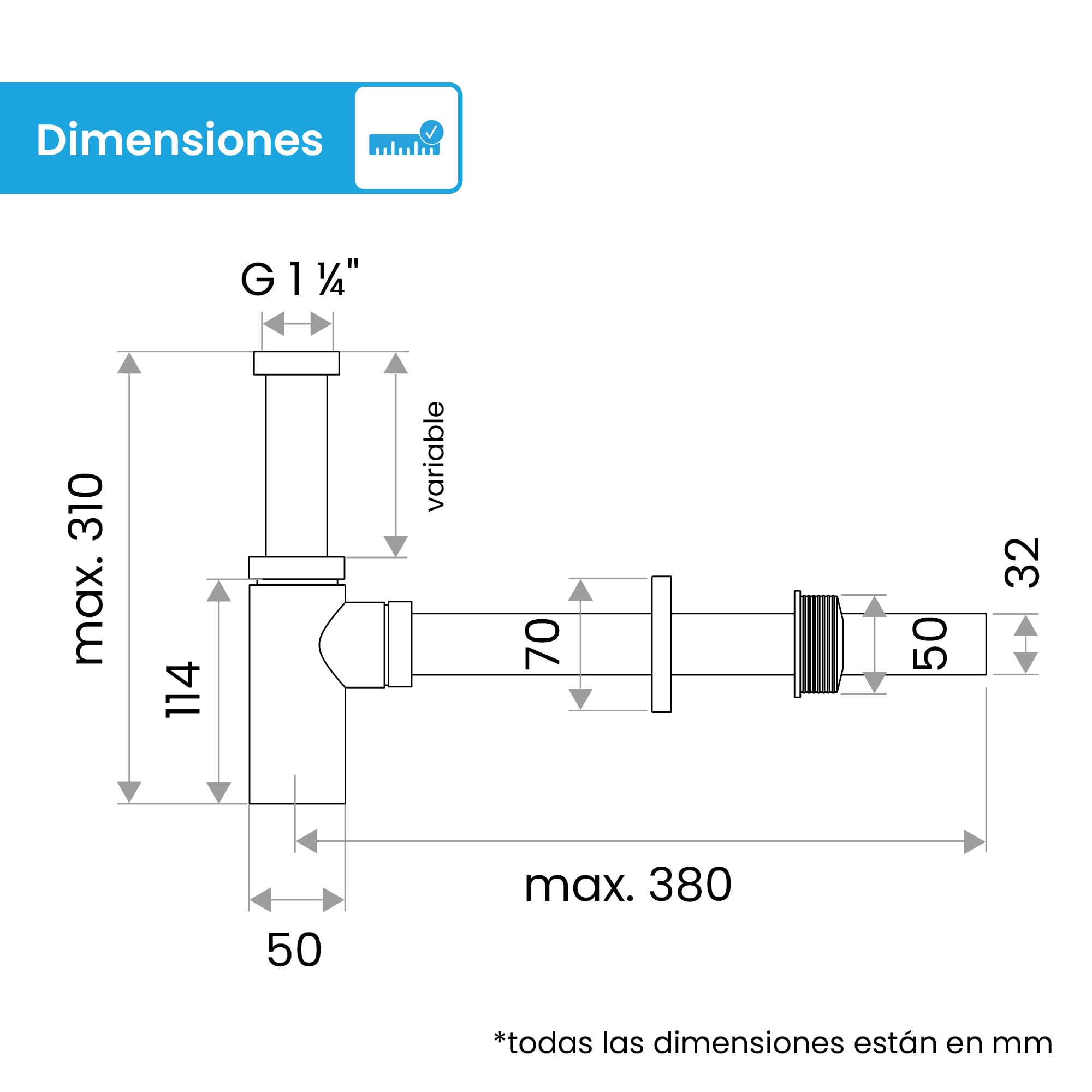 Bächlein Sifón Universal de Diseño Dorado para Lavabos y Lavamanos - Set de Desagüe - Trampa con Abertura de Limpieza + Instrucciones de Instalación - Sifón de Diseño, Sifón de Tubería