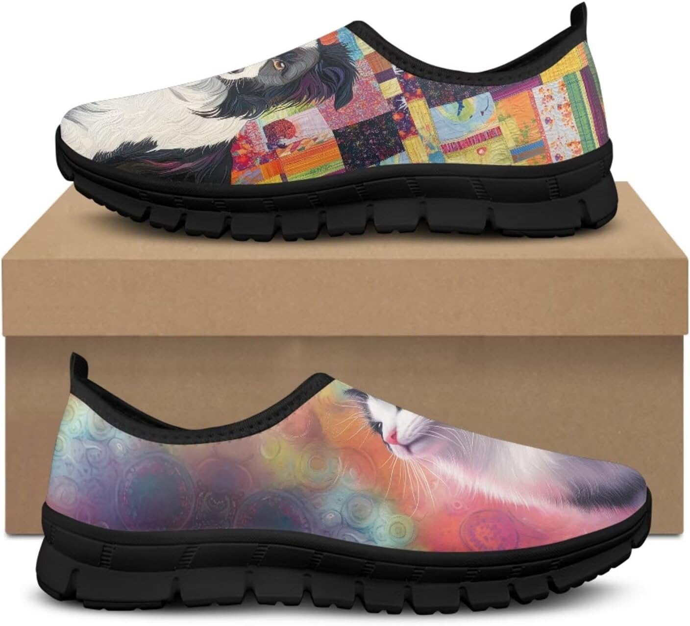 Loafers for Women Cat Border Collie Print Sneakers Breathable Gym Shoes for Trekking, Travel & Casual Wear