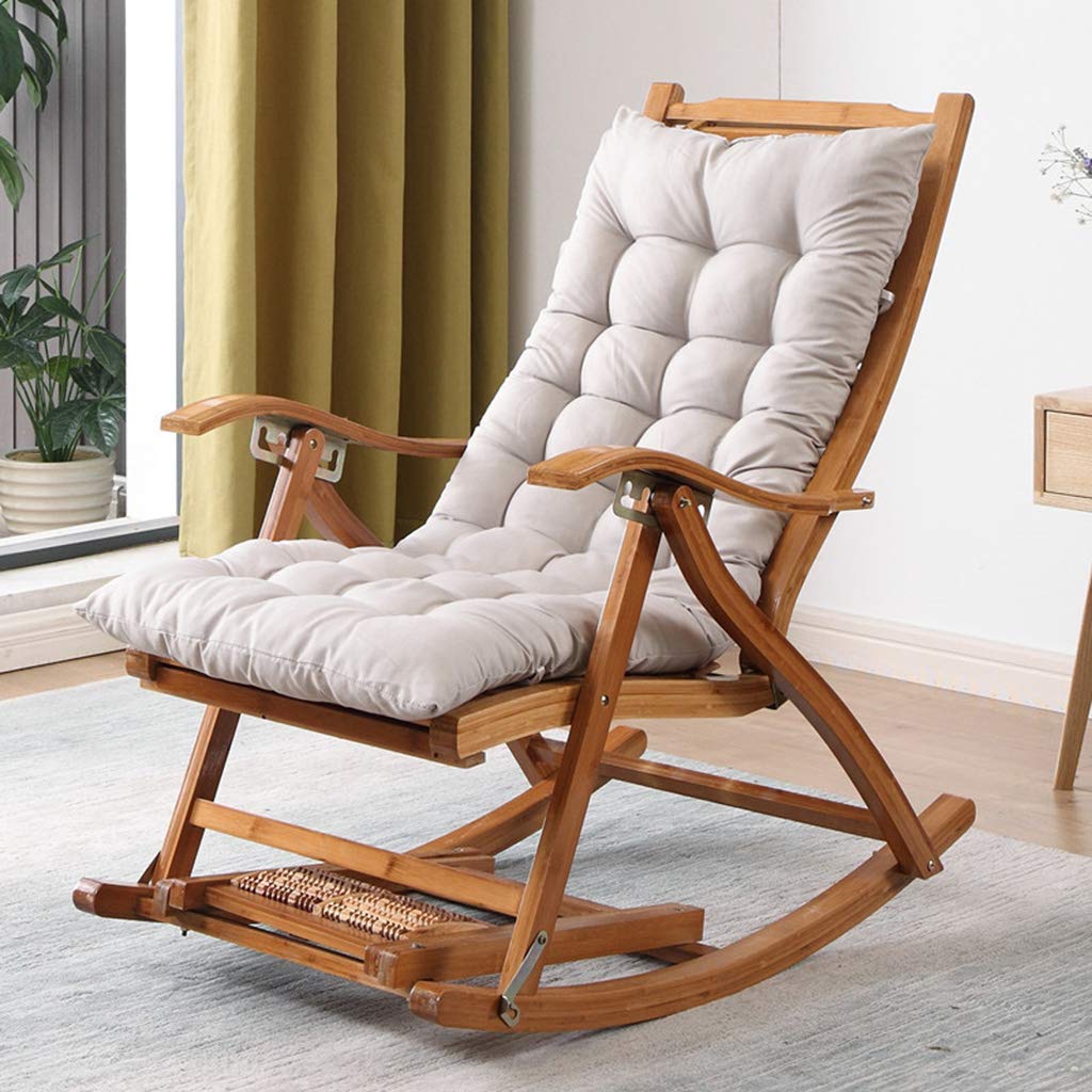 Sedia a dondolo Zero Gravity da campeggio per esterni, con struttura in legno di bambù e seduta imbottita grigia, reclinabile pieghevole, per giardino, patio e piscina, supporta fino a 250 kg