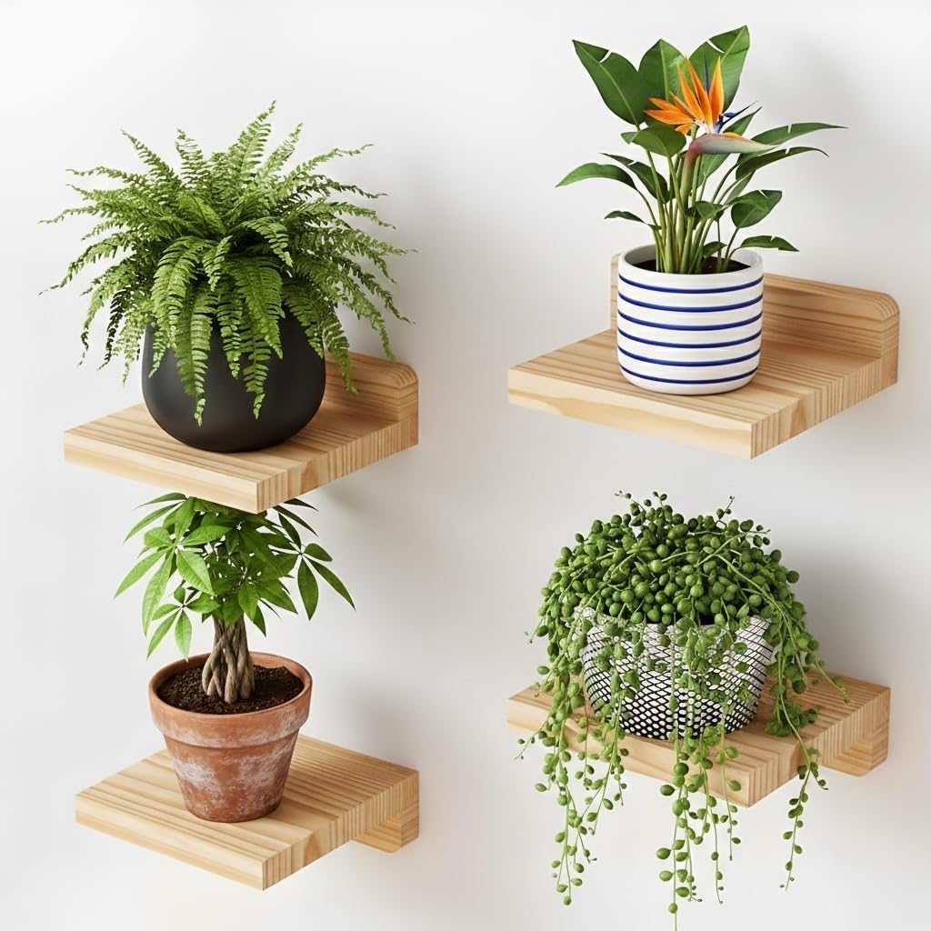 Wooden Wall Mounted Book Shelves Set of 4 | Kids Room Nursery Book Ledge Shelf | Floating Wall Shelves for Pots, Toys, Decor | Space Saving Wall Organizer (Natural Wood) (Pine)-image-36