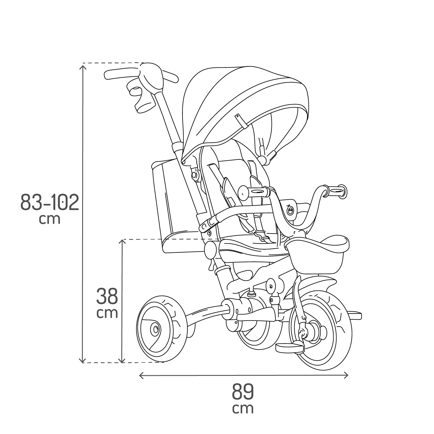 Triciclo per bambini MoMi IVI, seduta girevole 360°, cinture a 3 punti, poggiapiedi, tettuccio parasole, ruote EVA, manubrio regolabile, borsa e cestino portaoggetti