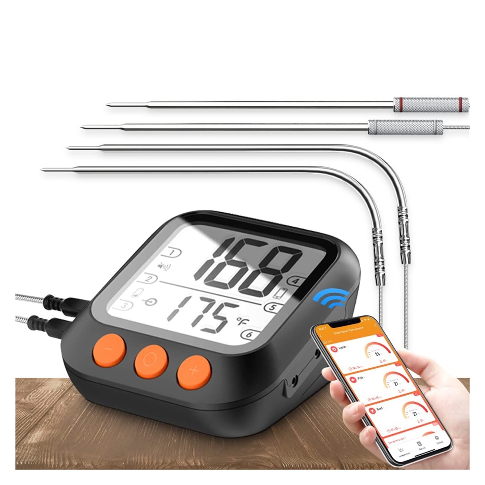 Termómetro interior higrómetro digital Barbacoa Termómetro de cocina de carne, Tuya Smart App Control del Temporizador de Bluetooth Termómetro de horno de lectura digital con 6 sondas Con pantalla LCD