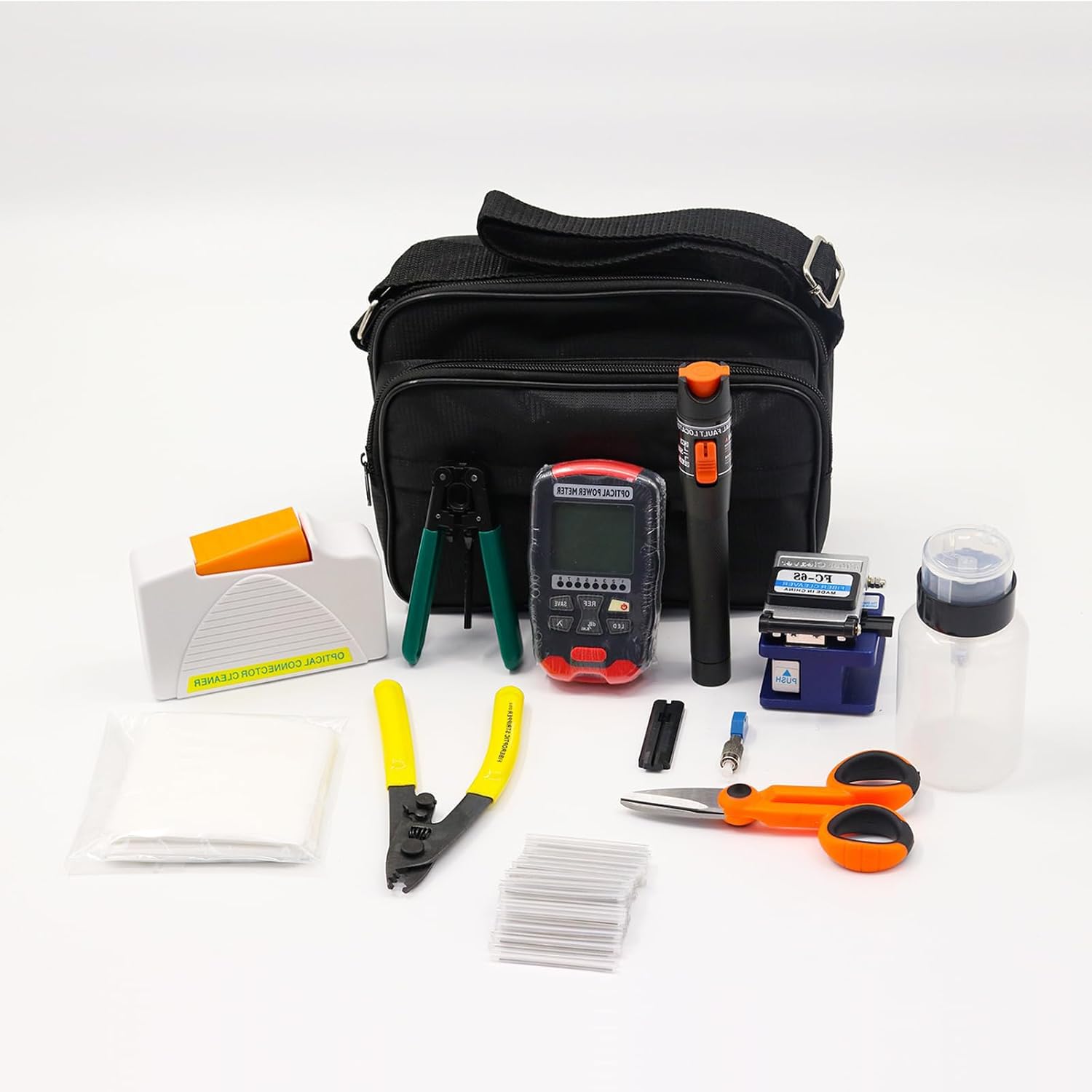 FTTH Fiber Optic Tool Kit 12 in 1 - OPM, VFL, FC-6S Cleaver, Cleaner Box, Cable Strippers, Splice Sleeves
