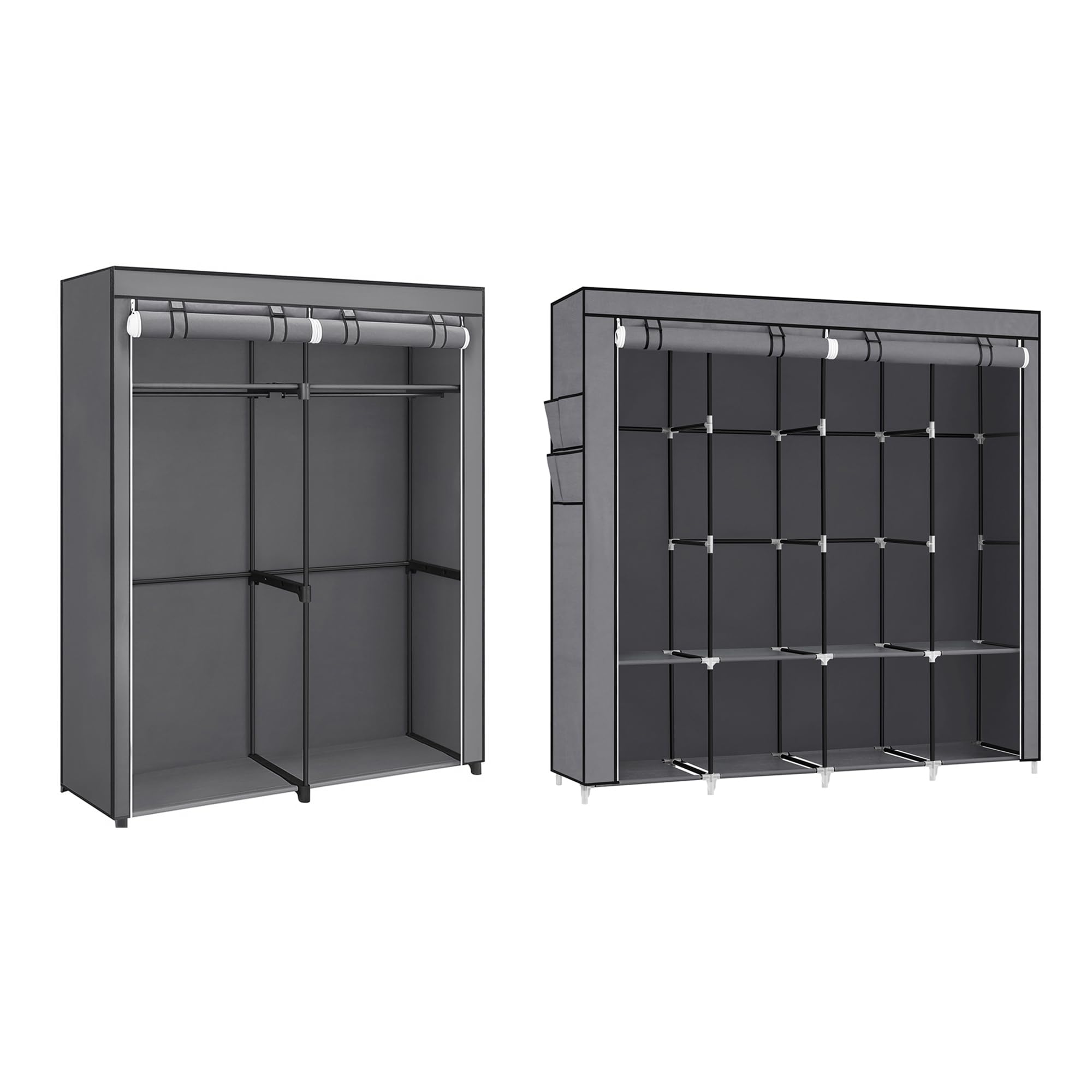 SONGMICS 2-Column Wardrobe Closet and 4-Column Clothes Storage Bundle, 4 Hanging Rods and Shelves, 4 Side Pockets, Gray URYG094G02 and URYG02GY