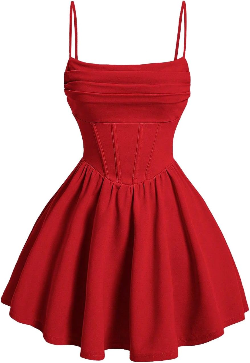 Womens Mini Dress Solid Ruched Cami Corset Structure Summer Dress Western Dress for Women Red L