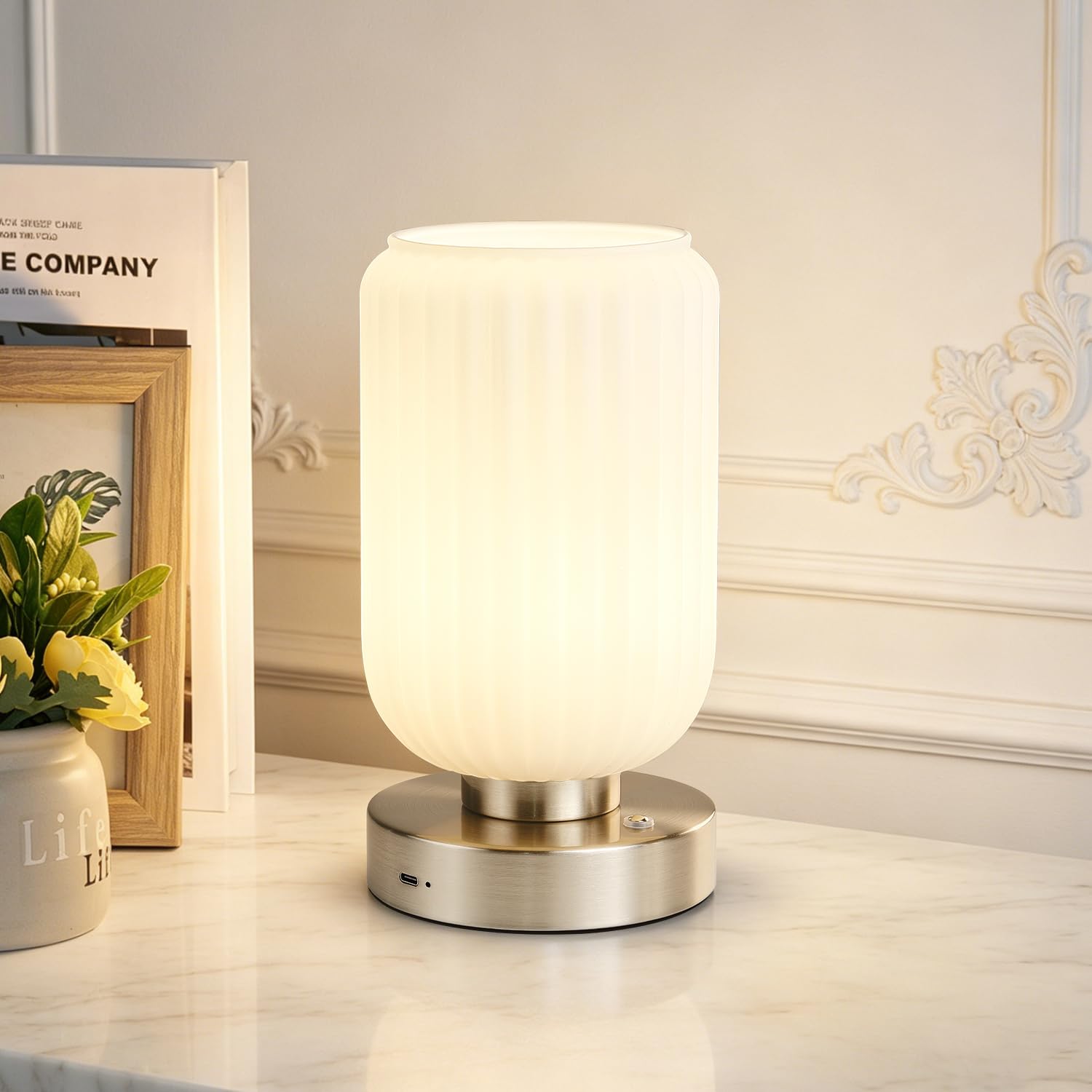 Photo 1 of LightRound Cordless Table Lamp for Bedroom, 7500mAh Rechargeable Small Battery Lamp, Modern Touch Dimmable Wireless Lamp Brushed Nickel Base White Glass Shade for Living Room, Desk, Led Bulb Included