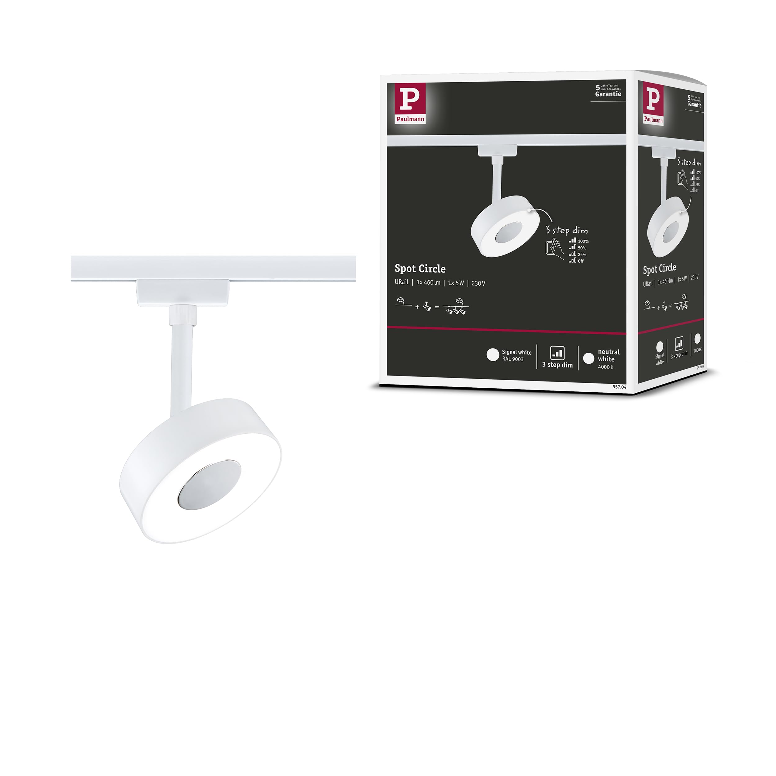 Paulmann 95704 URail Spot sur rail LED 3-Step-Dim Circle Spot individuel 220lm 5W 4000K gradable 230V Blanc signal