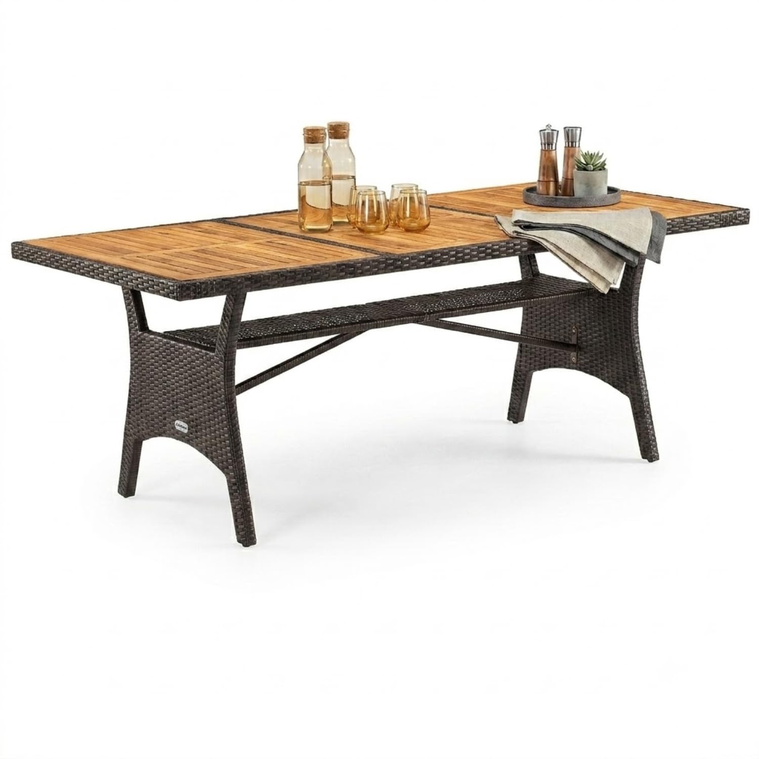 CASARIAยฎ Rattan Garden Table with Shelf & Acacia Wood Top | 190x90x74cm