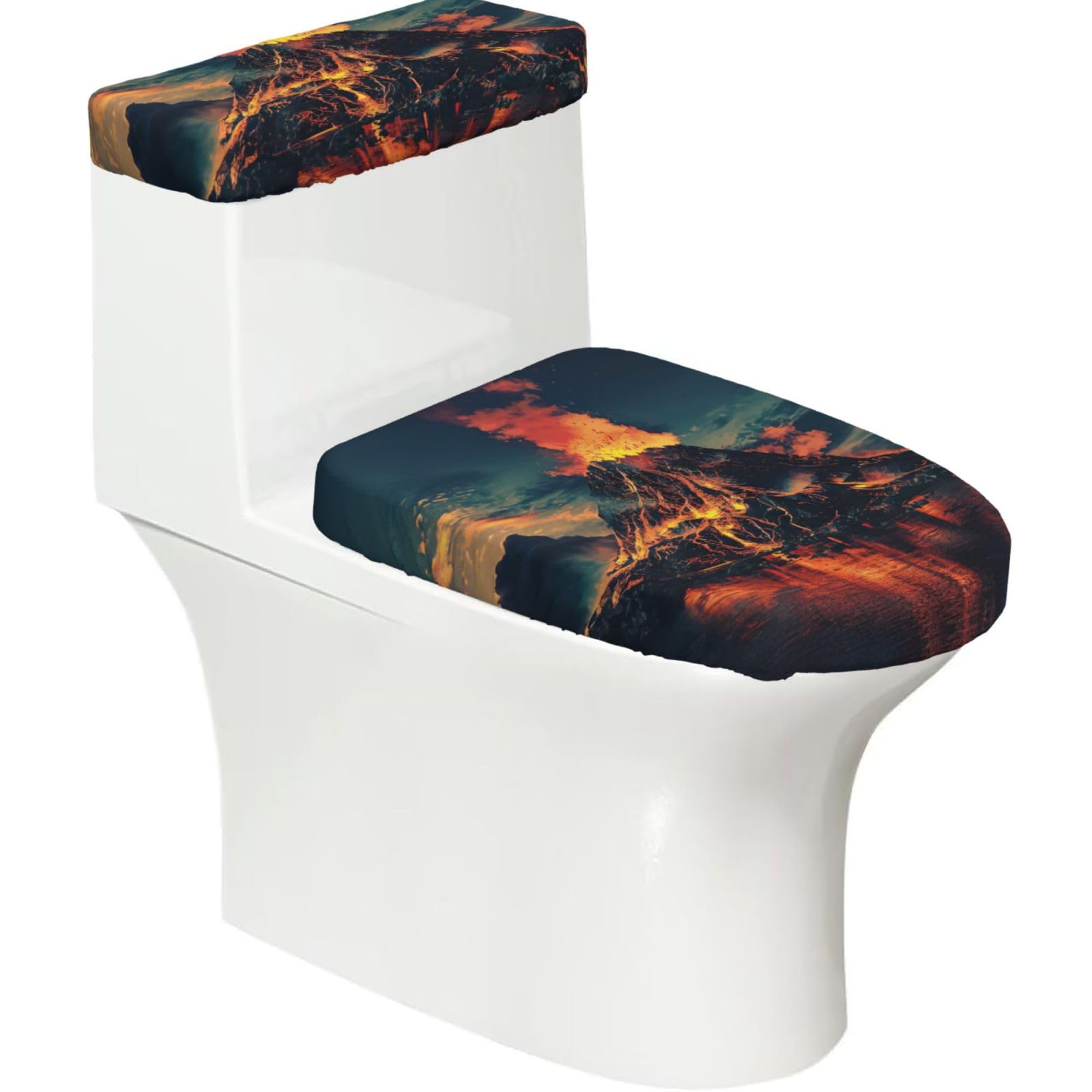 Volcano Printed Toilet Tank and Lid Cover Set of 2 for Most Bathrooms, Fits Elongated Round Toilets